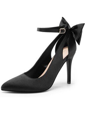 DREAM PAIRS Women's Black Satin High Stiletto Heels Pointed Toe Bow Dress Party